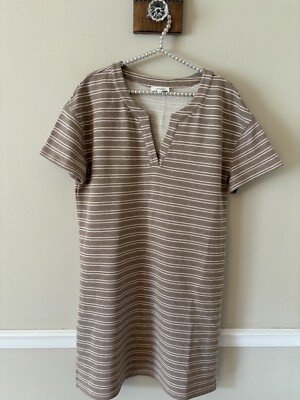 Haven Well Within Size Medium Tan Stripe Cotton Dress Short Sleeve