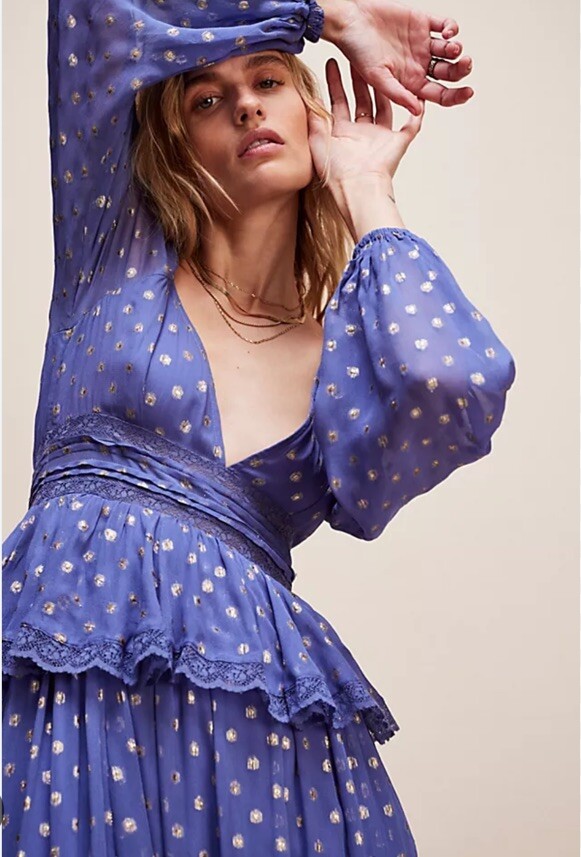 Макси-платье Free People в стиле рококо песочного цвета Emi с длинными рукавами и металлическими кружевными оборками XL
