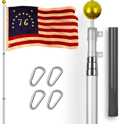 Combo: 16 Ft Telescoping Flagpole SV & Bennington 76 Tea-Stained Flag 3x5 Ft Emb