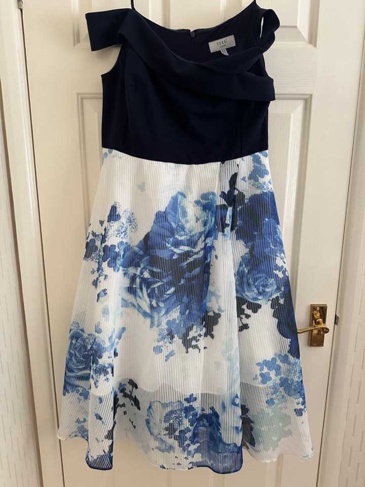 COAST Navy/White, midi, off shoulder floral dress Size 16 eBay