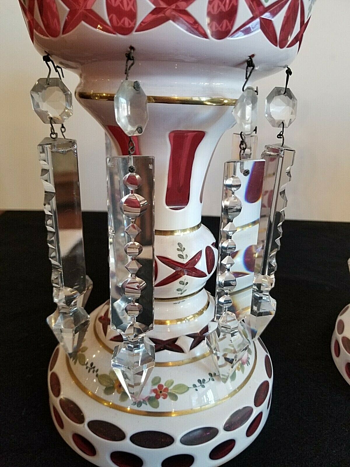 Antique Victorian Cased Glass Mantle Lusters White Overlay Cut to