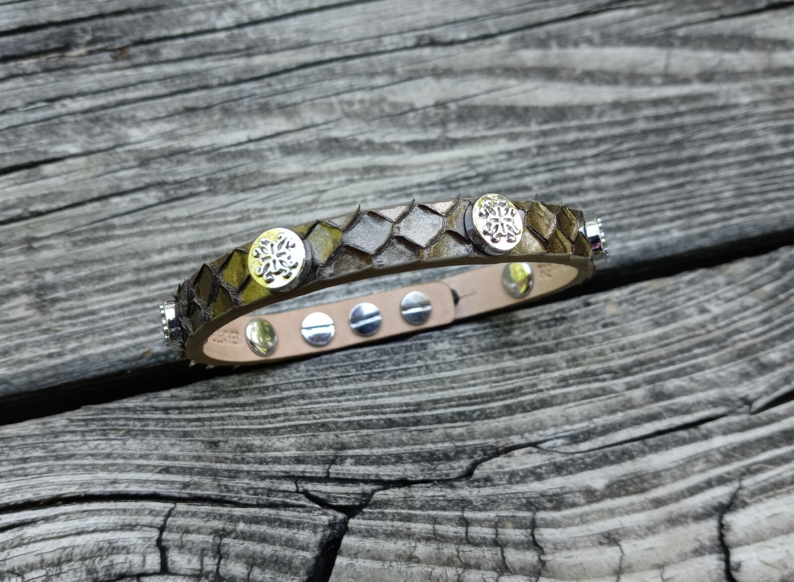 Rustic Cuff Bracelet Olive Green Python Leather W… - image 1