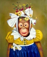 MQ-OP0117  Handmade Painted Monkey Pomegranate On Head Oil Painting Art Canvas