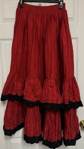 Vintage Bar None Red Black Tiered Maxi Skirt Rayon Boho Pirate Goth Witchy S 26”