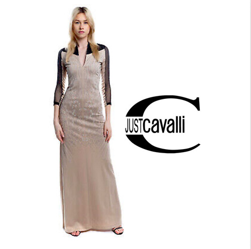 JUST CAVALLI V-Neck Metallic Studded Sheer Sleeve Gown / New With Tags
