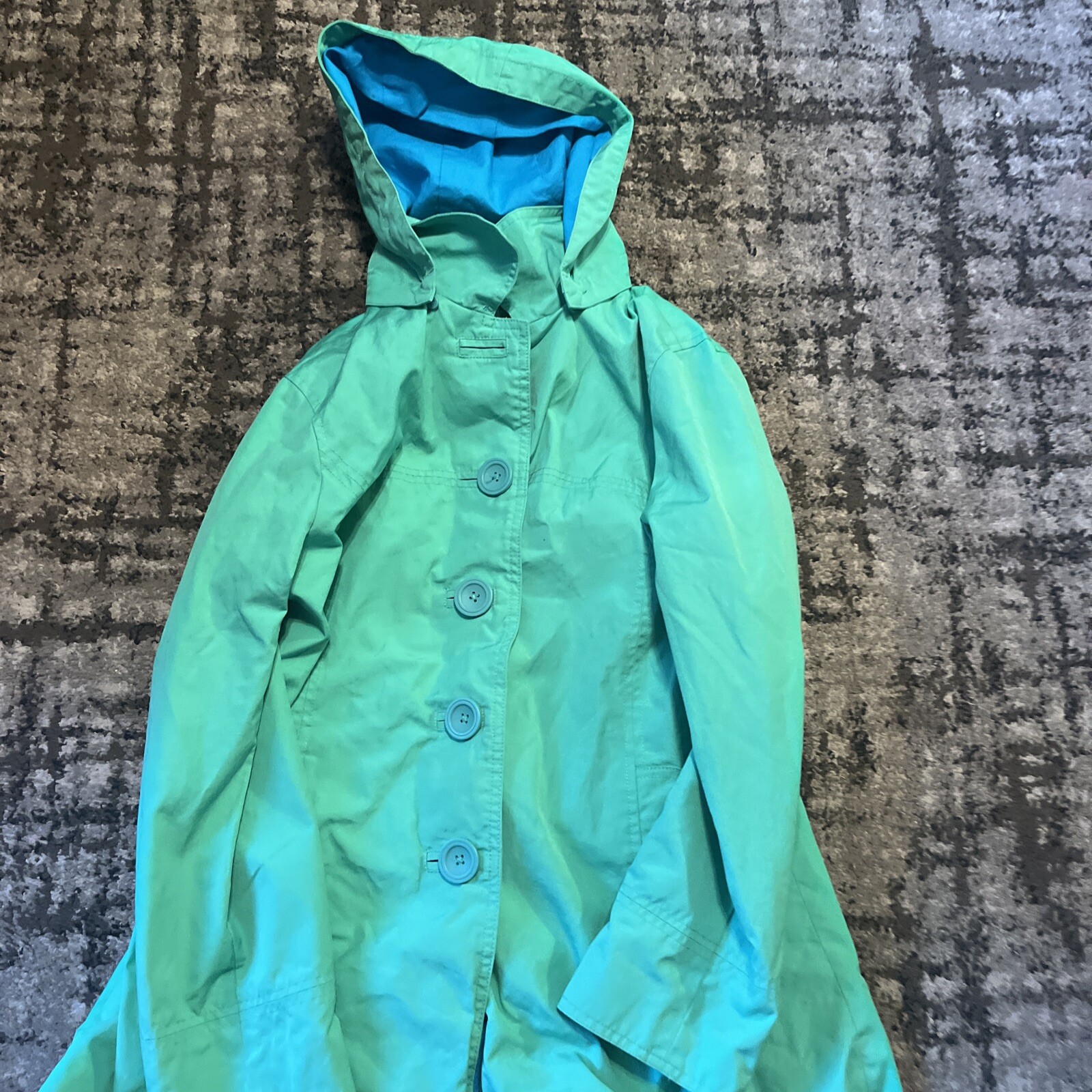 LL Bean Raincoat Womens MED Green PVC Buttons Hooded Lightweight Jacket