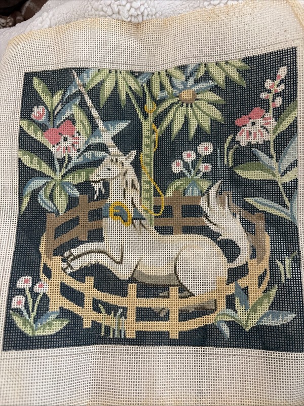 unicorn in captivity Needlepoint Canvas 7” 18 Ct Vintage Flowers Craft Sew 