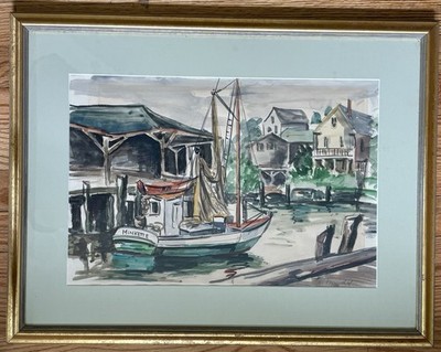 Nautical Watercolor by Rosenthal New England Coastal Harbor Scene Boat Minkette