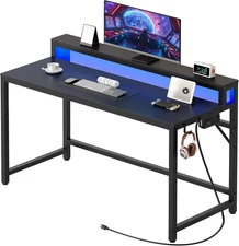 47.2" Computer Desk with Charging Station and LED Lights, Gaming Desk with Monit