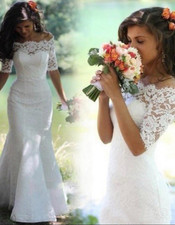 White Lace Off-Shoulder Half Sleeve Mermaid Trumpet Wedding Dress with Train
