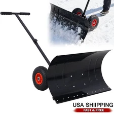 Snow Shovel Pusher w/ Adjustable Handle & Wheels for Driveway Snow Removal