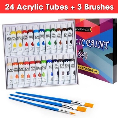 ACRYLFARBEN SET TUBE 24 x 12ML, 3 GRATIS PINSEL PERFEKT FÜR LEINWAND HOLZ KERAMIK