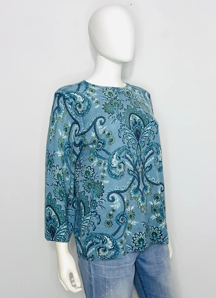 Suéter Talbots Mujer XLP Cachemira Azul Flores Cuello Barco Manga 3/4 Pullover Foto 2 de 4