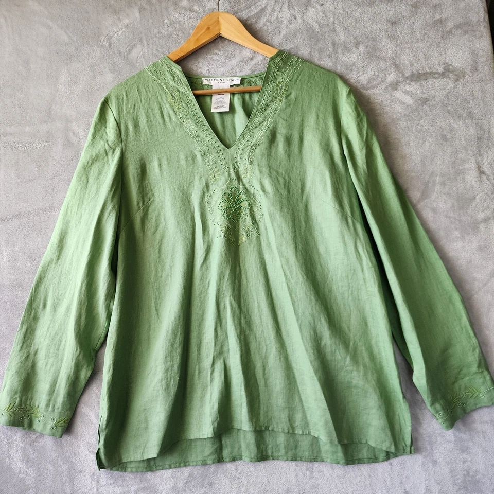 Top de lino Josephine Chaus para mujer grande bordado con cuentas flor verde jade 100 % Foto 3 de 4