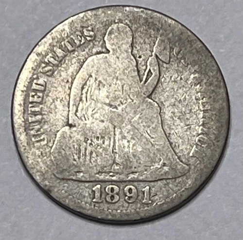 1891 Seated Liberty Dime. 90% Silver. Free Shipping!