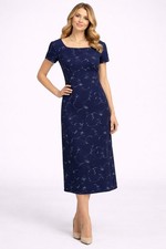 Vintage Talbots Navy Blue Embroidered Floral Midi Dress Rayon Women’s Size 10