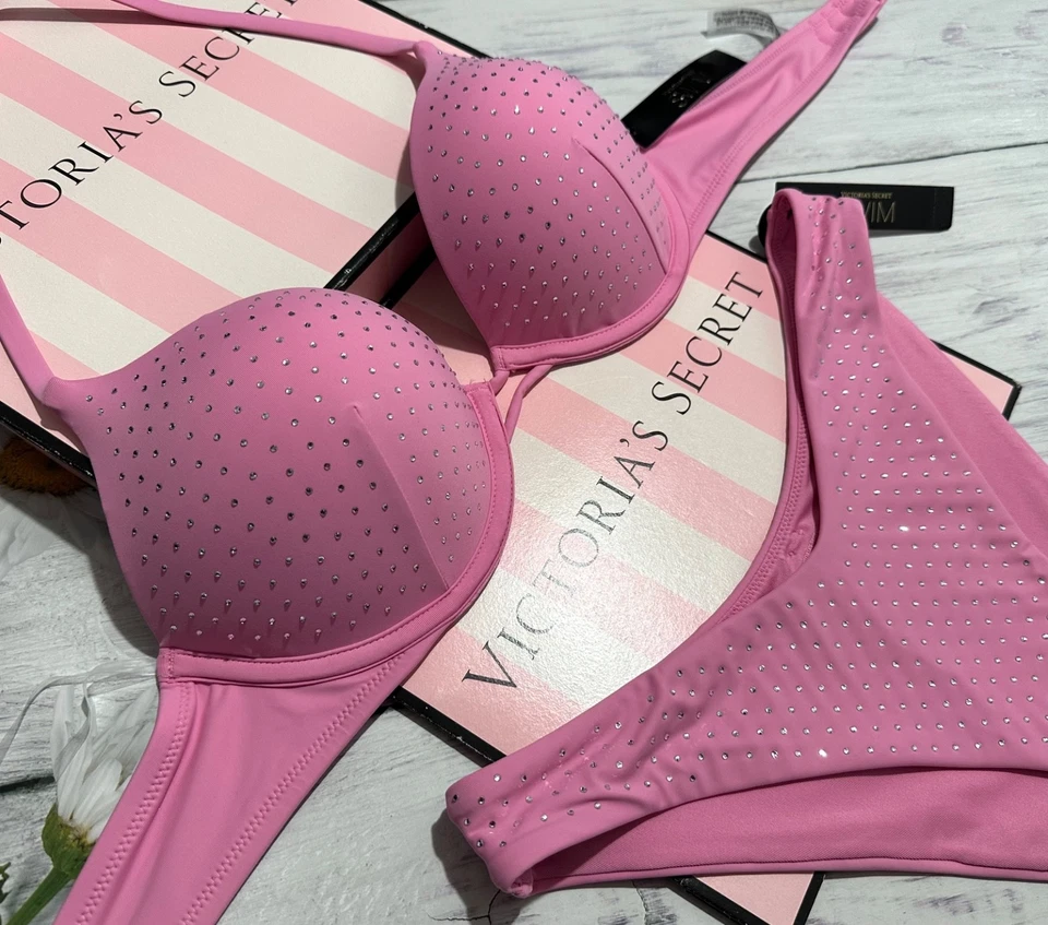 Victoria's Secret Swim Shine Bombshell Bikini Push-Up 2 Pièces Diamanté Rose - Photo 4/4