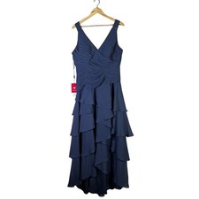 NWT JJ's House Navy Blue Chiffon Tiered Ruffle V Neck Formal Gown Dress US 14