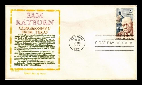 US COVER SAM RAYBURN CONGRESSMAN FDC SCOTT 1202 KHOL CRAFT CACHET