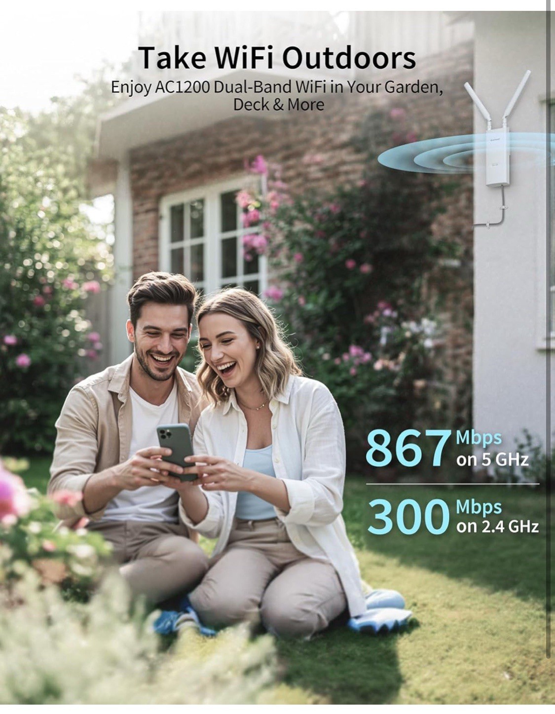 AC1200 Outdoor WiFi Extender Long Range, Dual Band 5GHz + 2.4GHz, IP65 Weathe...