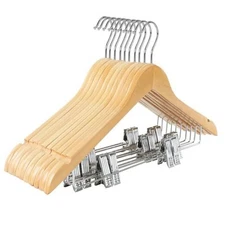  Wooden Hangers with Adjustable Metal Clips and 360° Swivel 10 Pack Natural