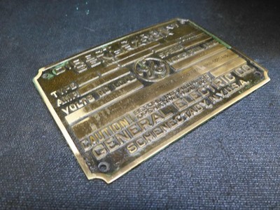 1918 GENERAL ELECTRIC CO Direct Current Generator Brass Plaque