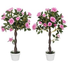 Image of Outsunny Set of 2 90cm Artificial Rose Tree, Fake Decorative Plant, Purple