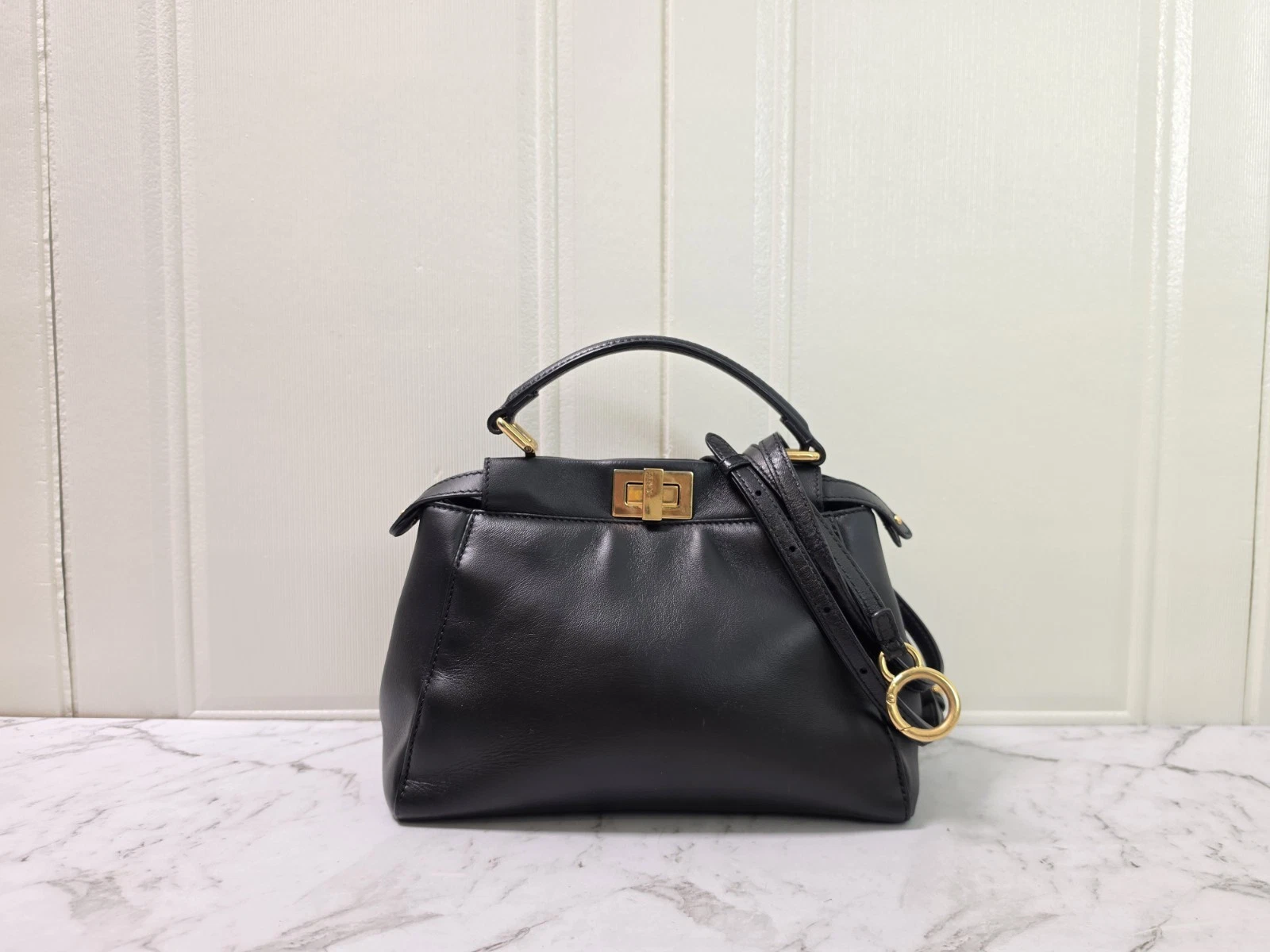 Fendi — Authentic Fendi Peekaboo Mini Black Leather Top Handle Crossbody Bag
