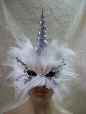 White Unicorn Feather Mask Silver Horn Fantasy Magical Being Woodland Forest NEW