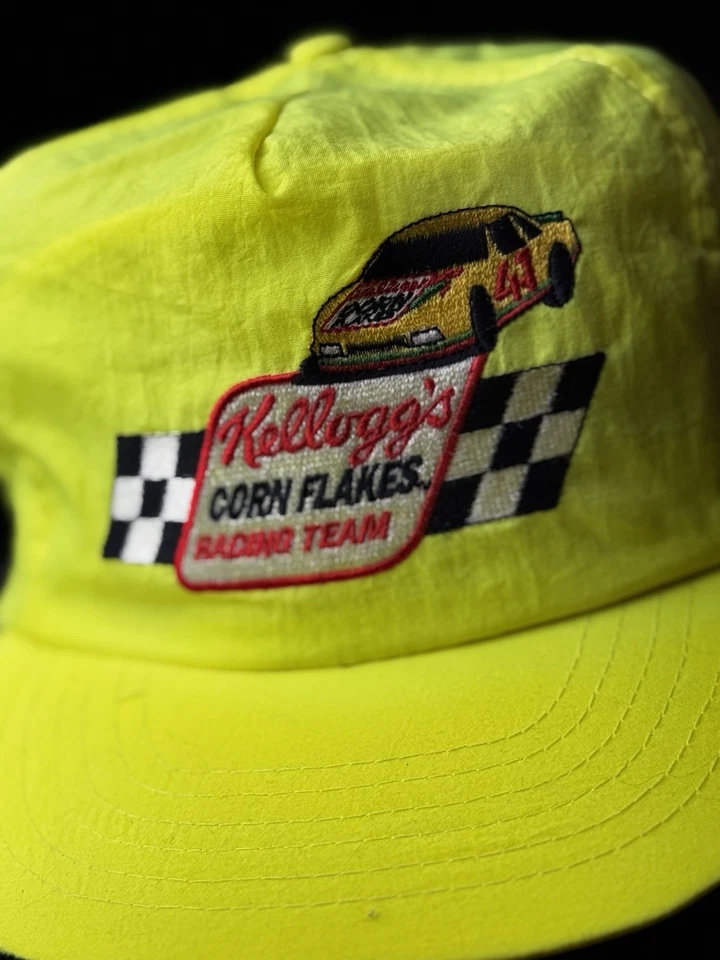 Vintage Kellogg's Corn Flakes Racing Team Hat Neon Yellow Snapback Soft 6-Panel - Image 2 of 4