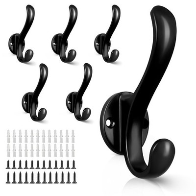 6 Pack Coat Hooks Wall Mount Heavy Duty Utility Retro Double for Hanging Coats