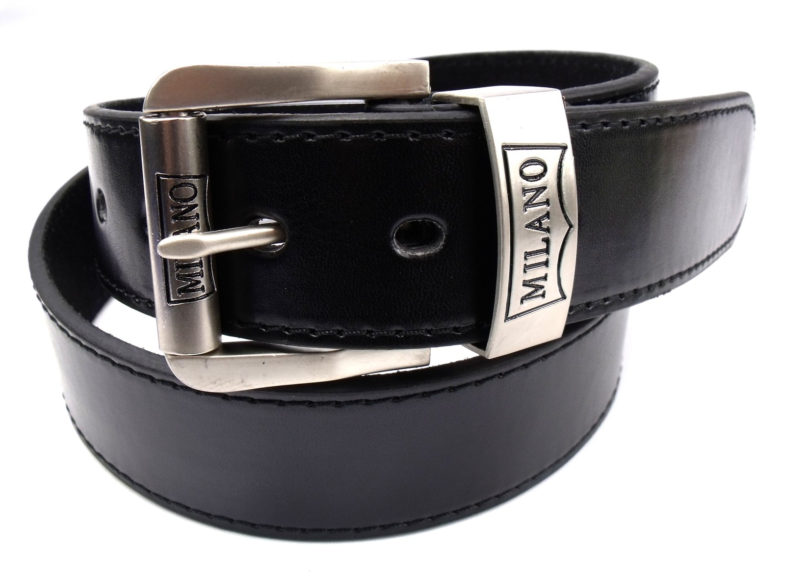 MENS BLACK HIGH QUALITY LEATHER BELT SILVER BUCKLE DESIGNED BY MILANO