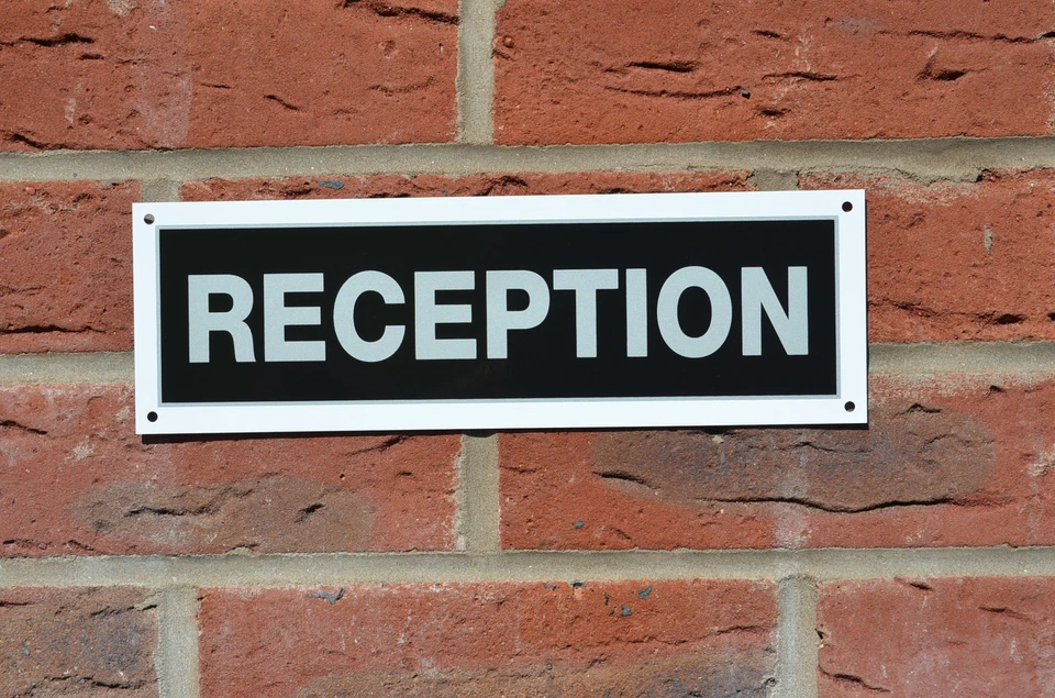 RECEPTION plastic sign or sticker black and silver 270 x 85mm hotel business b&b