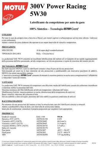 Motul 300V POWER RACING 5W30 100% Sintético Éster Core 4 Litros Aceite De Motor - Imagen 3 de 4