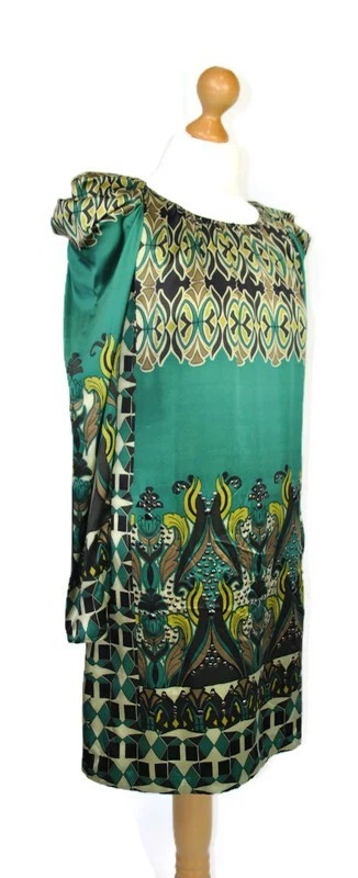 Designer Derhy Stylish Green Art Deco Pattern Silk Embellished Shift Dress S - Image 2 of 4