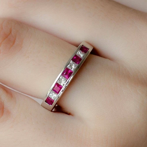 2.5Ct Lab Created Princess Red Ruby Eternity Band Ring 14K White Gold Finish