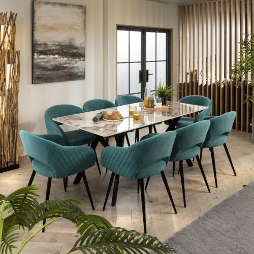 White Ceramic Dining Table And 8 Chairs Teal Velvet Dining Set 180cm