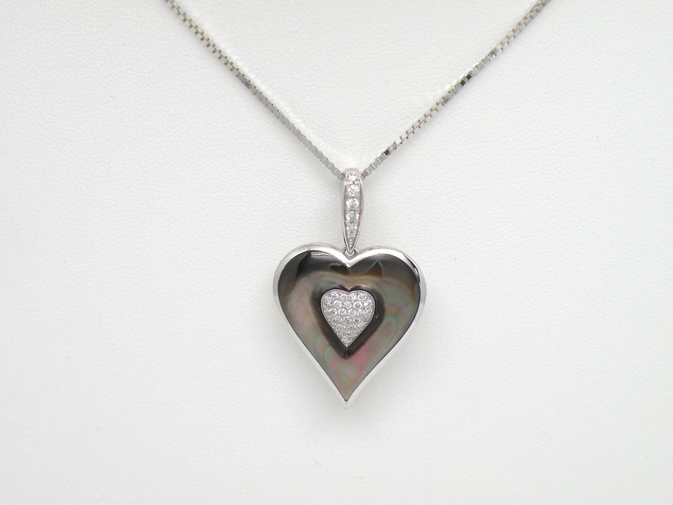 Authentic Kabana 14k White Gold, Black Mother of Pearl, Diamonds,  Heart Pendant - Image 2 of 4
