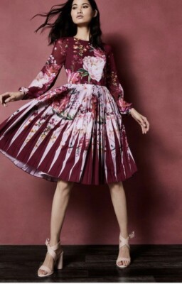 Ted Baker Esperan Burgundy Floral Serenty Pleated Midi Skater