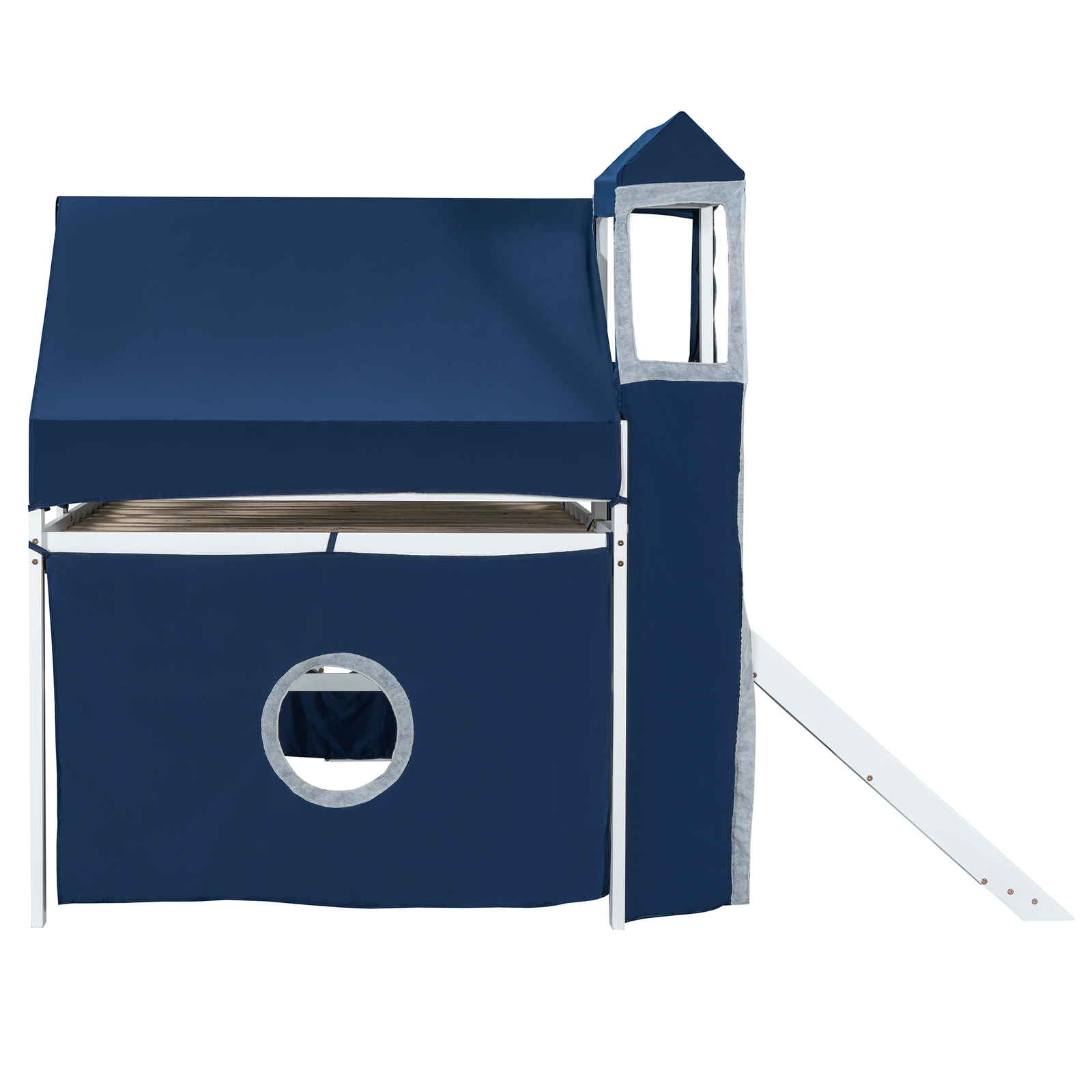 Full Size Loft Bed Frame with Tent Slide and Staircase For Kids Boys Blue