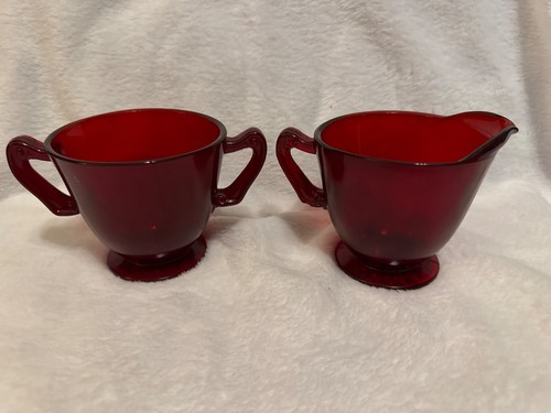 Vintage Royal Ruby By Anchor Hocking Red Glass Footed Creamer & Sugar Bowl - Picture 6 of 8