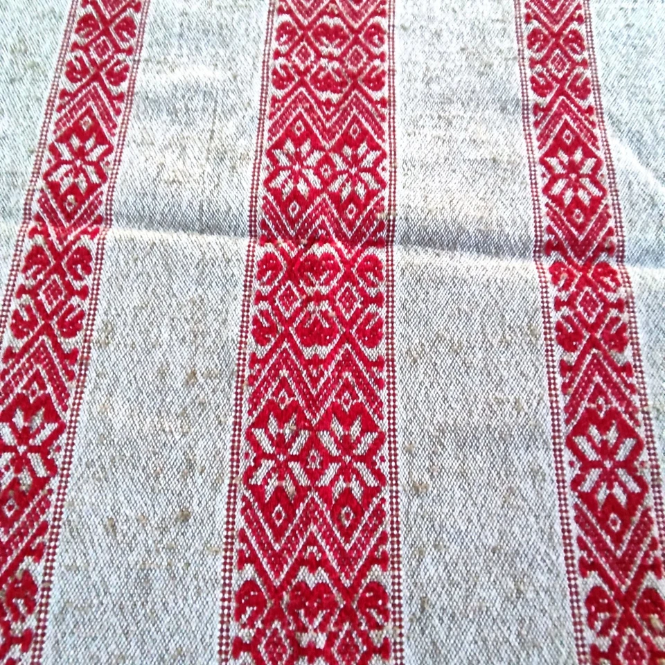 nappe ancienne  coton tissage Catalan artisanale et ses 8 serviettes à franges - Photo 4/4