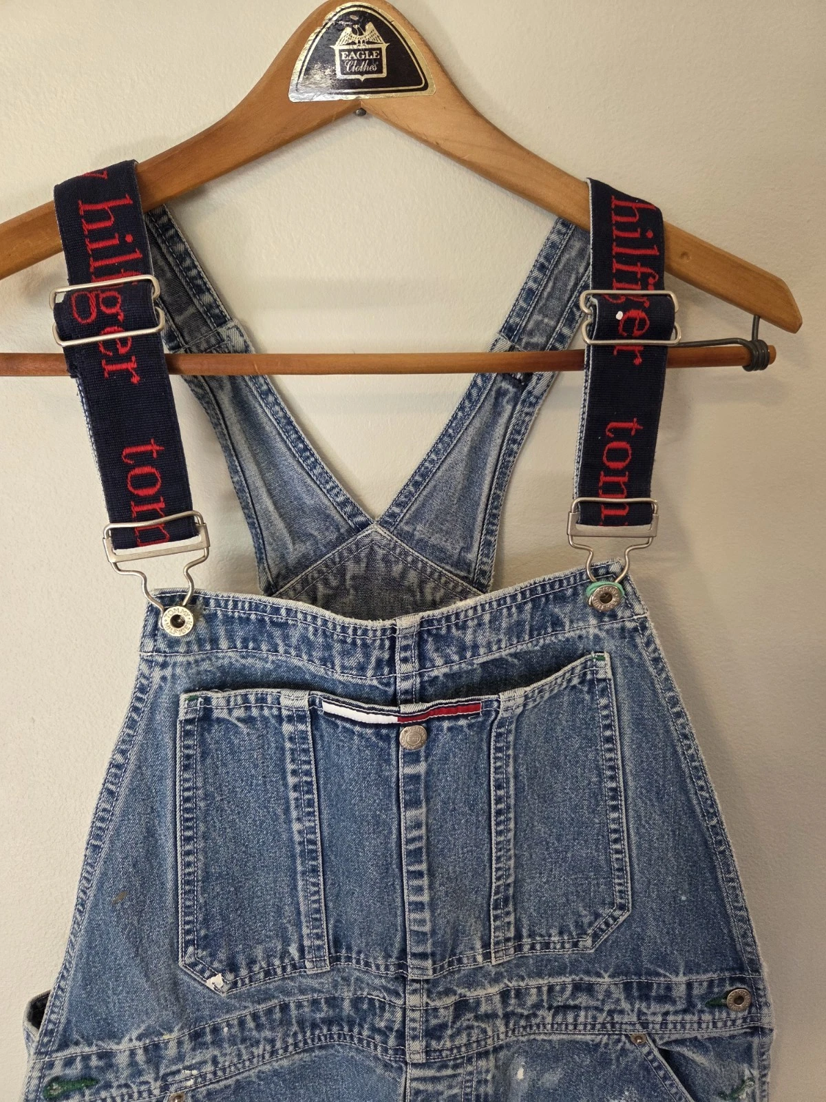 Vintage 90s Tommy Hilfiger Overalls Large Faded Blue Painted Y2k Thrashed Faded