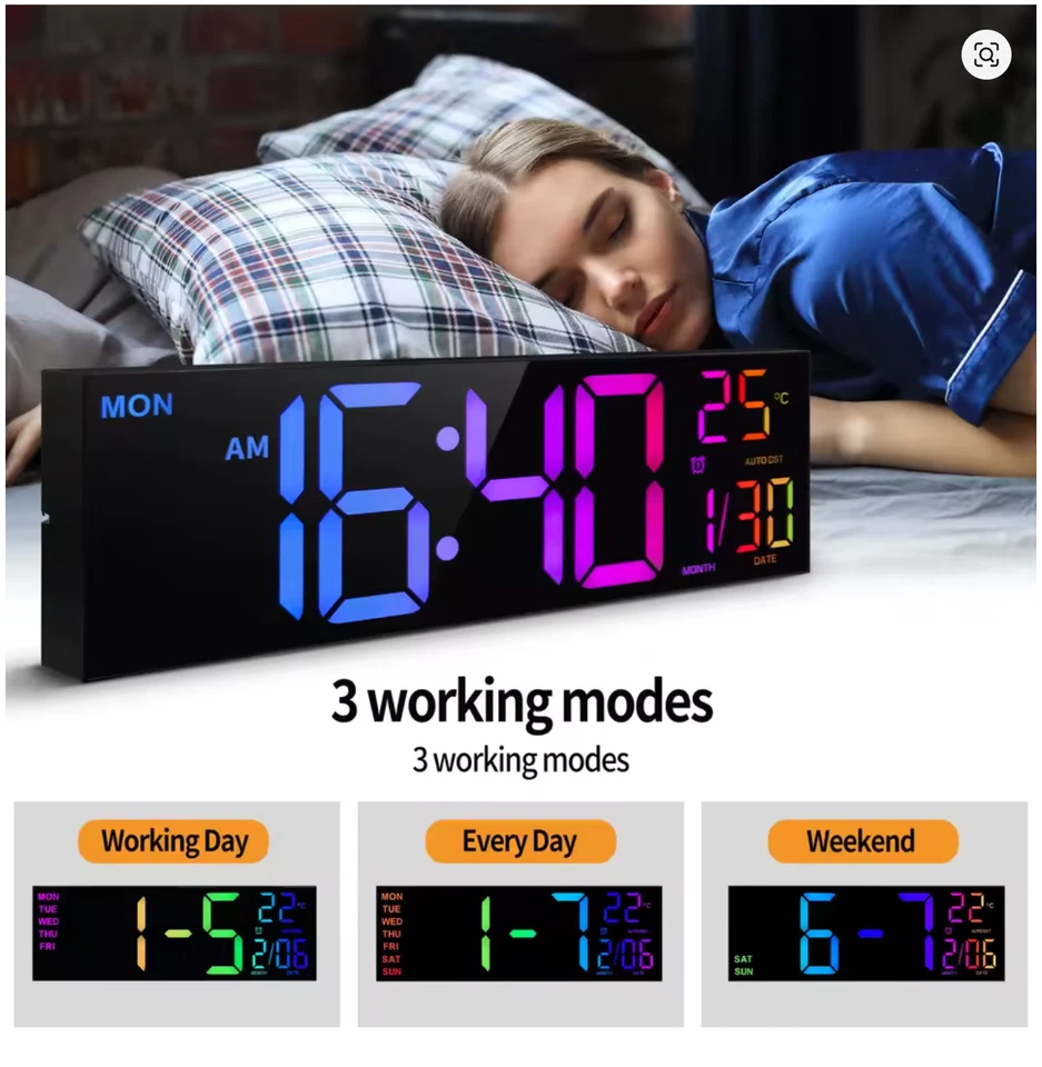 Relógio de parede digital 16" grande tela LED dispaly com controle remoto 8 cores RGB - Imagem 3 de 3