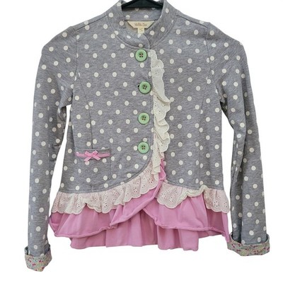 Matilda Jane Size 8 Polka Dot Ruffle Jacket Kids Grey Pink Eyelet Lace Button Up