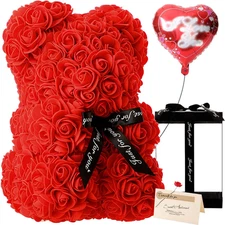 Rose Flower Teddy Bear - Handmade / Clear Gift Box and Greeting Card (Red)
