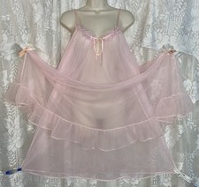 VTG RARE LXL PINK Db Sheer Chiffon NIGHTIE Babydoll nightgown w floral appliques