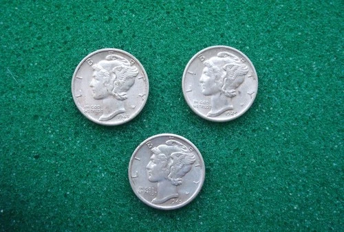 1945 Mercury Dime Silver P D S Set, AU-BU