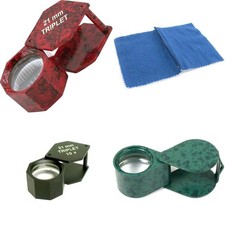 3 10X Jewelers Loupes Red, Black  Green  Polishing Cloth