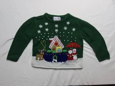 Vintage Kobe Kids 4T Christmas Sweater Green Gingerbread House Santa Snowflakes